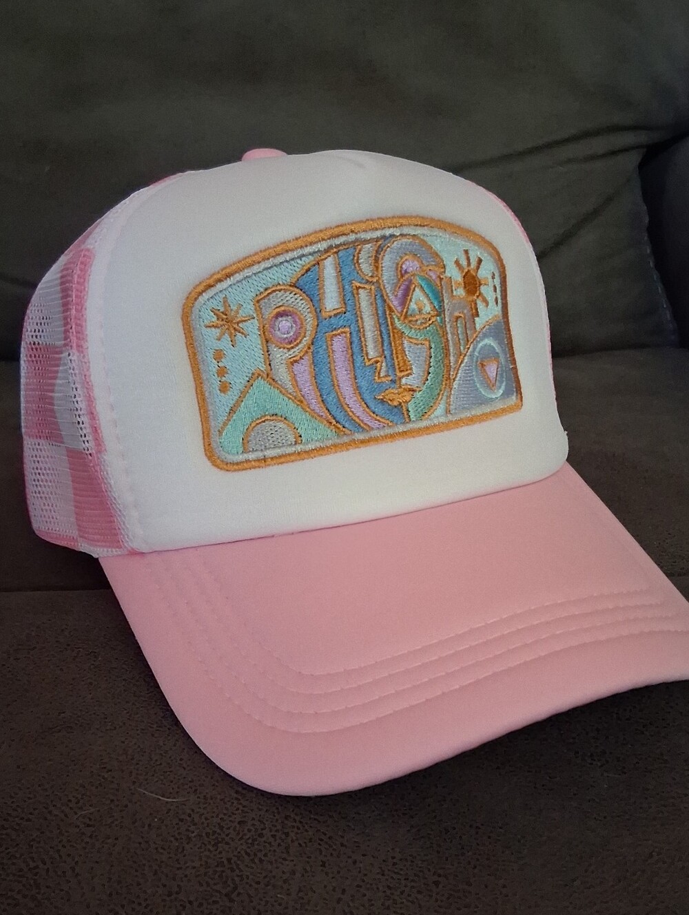 Pretty in Pink Phish-Inspired Embroidered Trucker Hat w/ 1" Gingham Checker Mesh